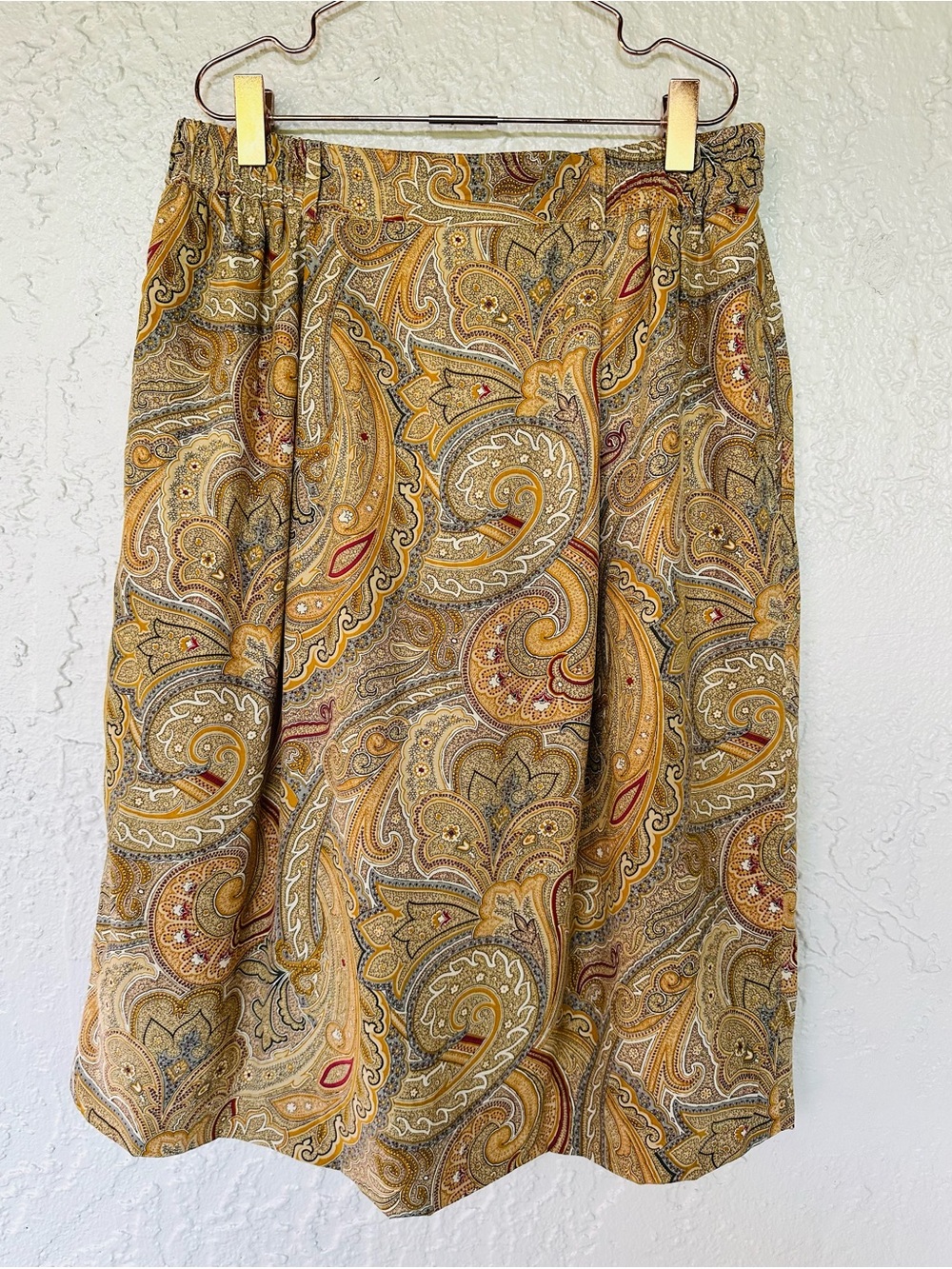 Vintage Liz Claiborne 100% Silk Paisley Midi Skirt Mustard Gold Pleated Size 10 - Picture 4 of 9